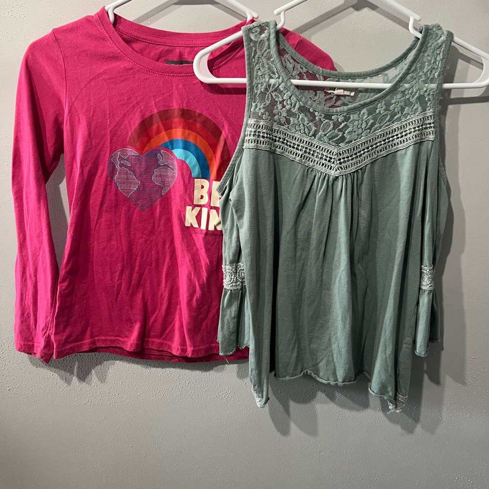 Eddie Bauer Pink Kids Shirt with Rainbow and paper flower green LS Large
